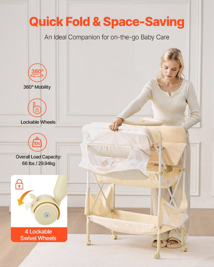 Baby Changing Table, Foldable Diaper Change Station with 2 Fabric Drawers, Side Basket & Hanging Rod, Adjustable Height Portable Changing Table with Lockable Wheels & 2 Star Toys, Light Beige