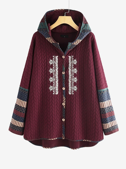 Plus Size Rib Knit Solid Hoodie Colorblock Coat; Women's Plus Slight Stretch Casual Winter Coat