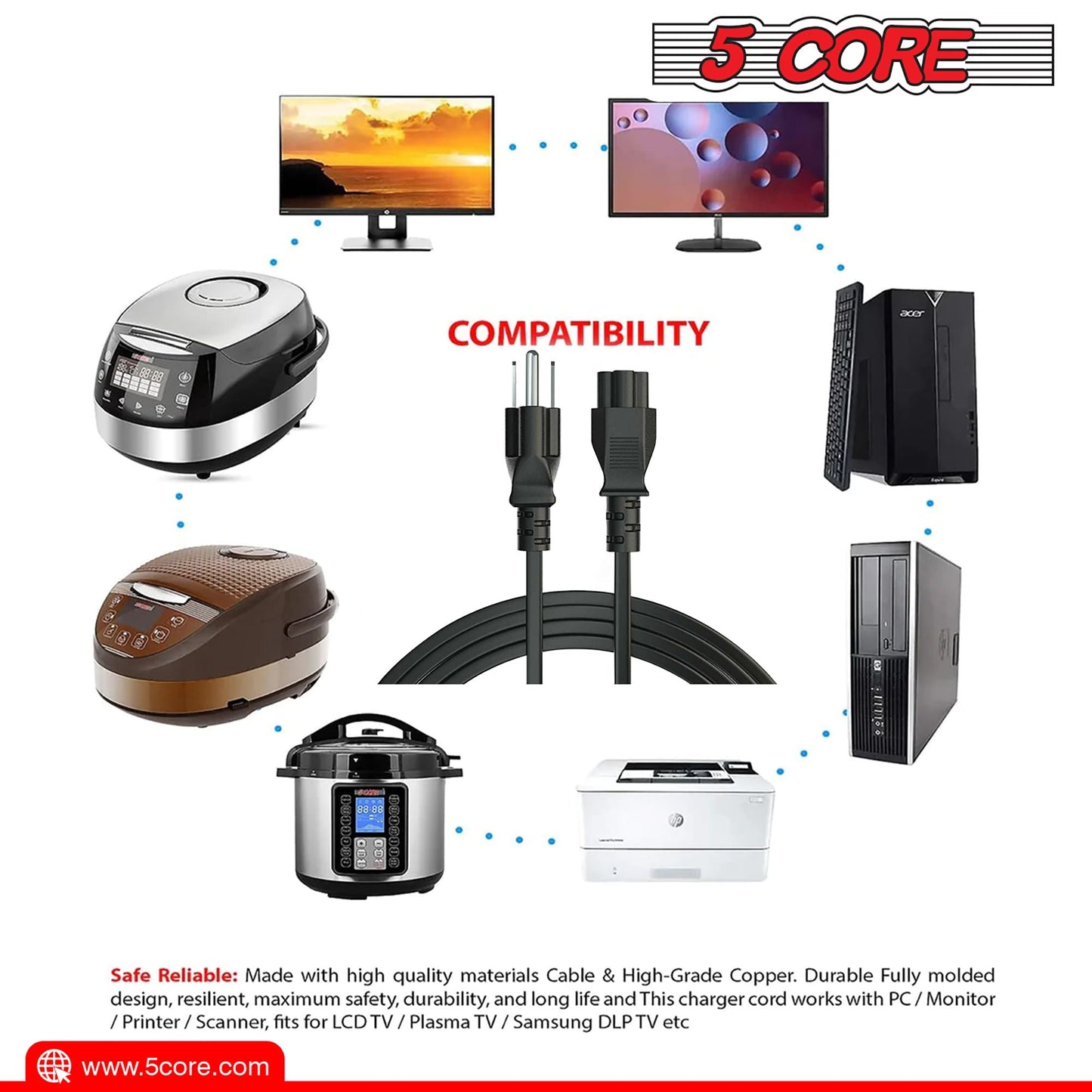 12ft 3 Prong Non-Polarized AC Wall Power Cable Cord for HP Dell Samsung Sony Asus Acer Toshiba Laptop Charger LED LCD Monitor Replacement Power Cord PL 1002