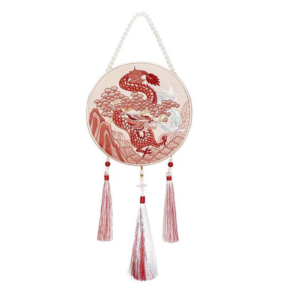 Red Dragon Handmade Hanfu Shoulder Crossbody Bag Chinese Style Twelve Chinese Zodiac Embroidery Bag Mini Cell Phone Bag