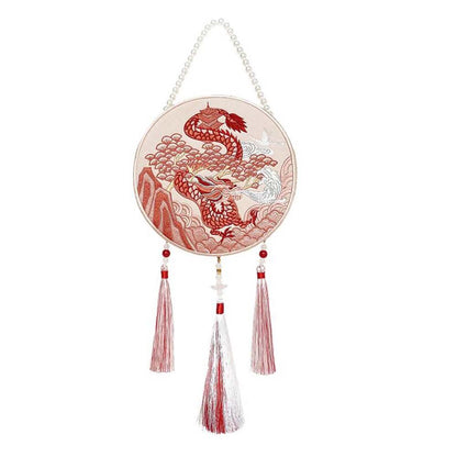 Red Dragon Handmade Hanfu Shoulder Crossbody Bag Chinese Style Twelve Chinese Zodiac Embroidery Bag Mini Cell Phone Bag