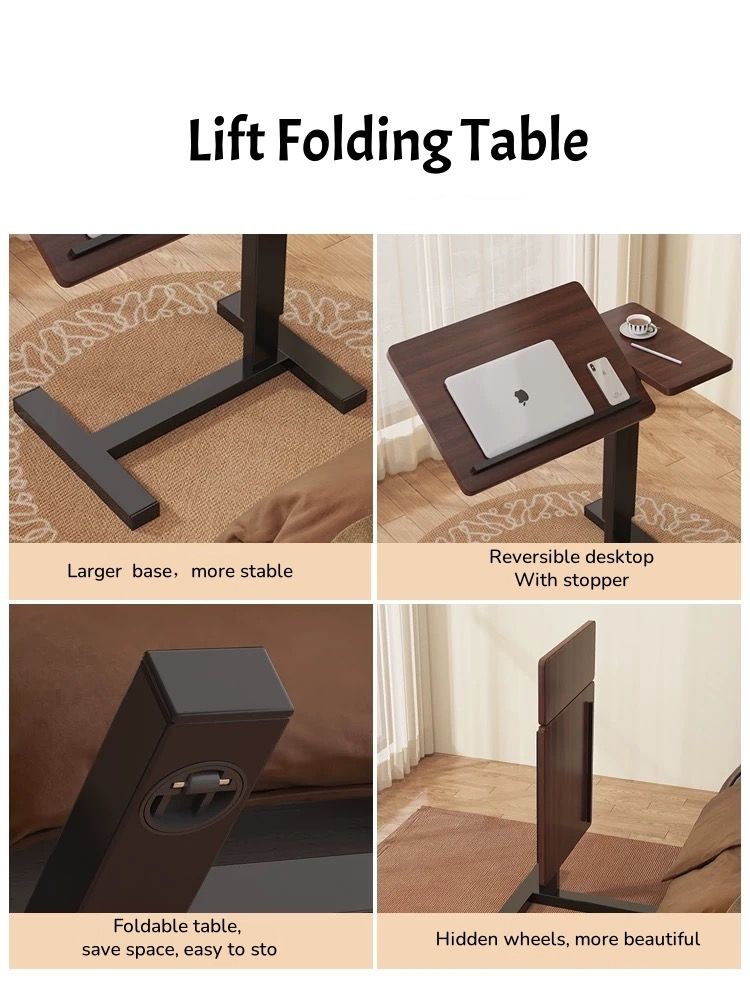 Bedside Table,Folding Overbed Bedside Desk Mobile Rolling Laptop Stand Tilting Overbed Table with Wheels Height Adjustable Tray Table for Laptop Bed Sofa Side Table (WALNUT)