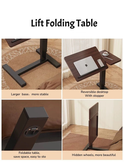 Bedside Table,Folding Overbed Bedside Desk Mobile Rolling Laptop Stand Tilting Overbed Table with Wheels Height Adjustable Tray Table for Laptop Bed Sofa Side Table (WALNUT)