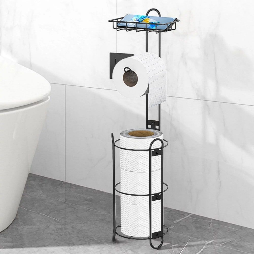 Toilet Paper Holder Stand, Black toilet Paper Holder Stand Stainless Steel Rustproof Tissue Roll Holder Floor Stand Storage for Bathroom