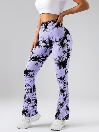 High-Waist Tummy Control Flare Yoga Pants For Women, Tie-Dye Stretch Slimming Bootcut Workout Pants, Fitness & Sports Activewear