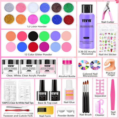 Acrylic Nail Kit, Nail Kit for Beginners with Everything, 24 Colors Glitter Acrylic Powder and Liquid Monomer Set, 200 Pcs Nail Tips, 3 Pcs Acrylic Nail Brush for Home DIY Extension Nail Salon