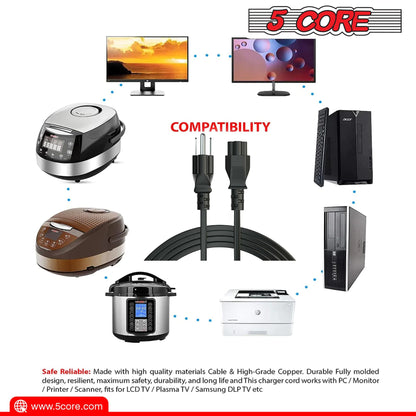 12ft 3 Prong Non-Polarized AC Wall Power Cable Cord for HP Dell Samsung Sony Asus Acer Toshiba Laptop Charger LED LCD Monitor Replacement Power Cord PL 1002