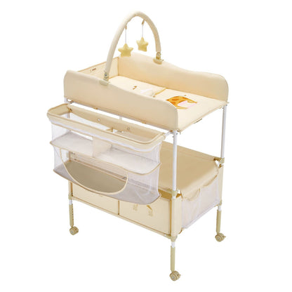 Baby Changing Table, Foldable Diaper Change Station with 2 Fabric Drawers, Side Basket & Hanging Rod, Adjustable Height Portable Changing Table with Lockable Wheels & 2 Star Toys, Light Beige
