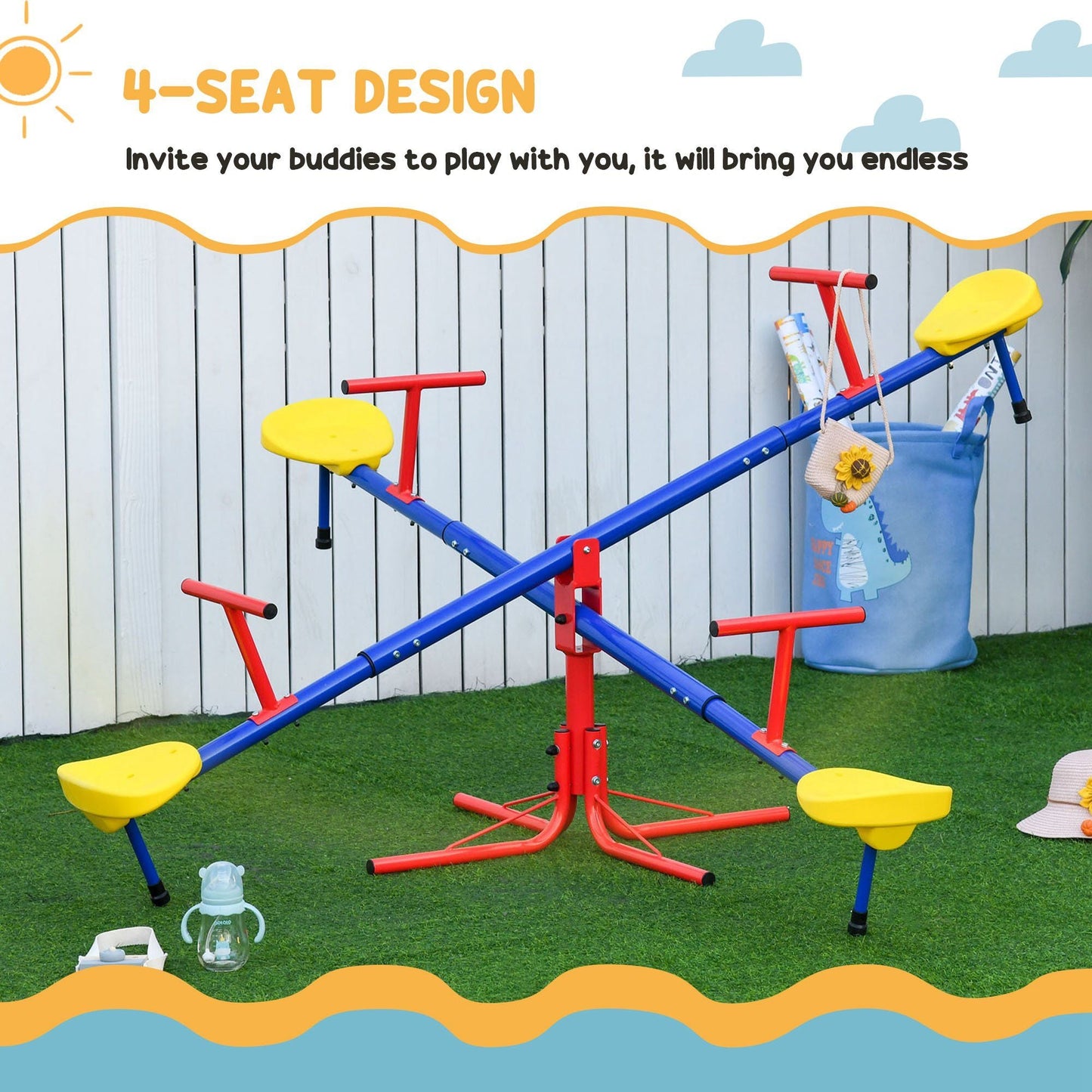 Outsunny Kids Seesaw Swivel Teeter Totter with 360° Spinning, 4 Seater Seesaw Outdoor Playground Equipment for Backyard, Boys and Girls Aged 3-8 Years Old