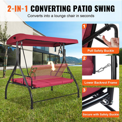 3-Seat Patio Swing Chair, Converting Canopy Swing, Outdoor Patio Porch with Adjustable Canopy, Removable Thick Cushion and Alloy Steel Frame, for Balcony, Backyard, Poolside, Burgundy