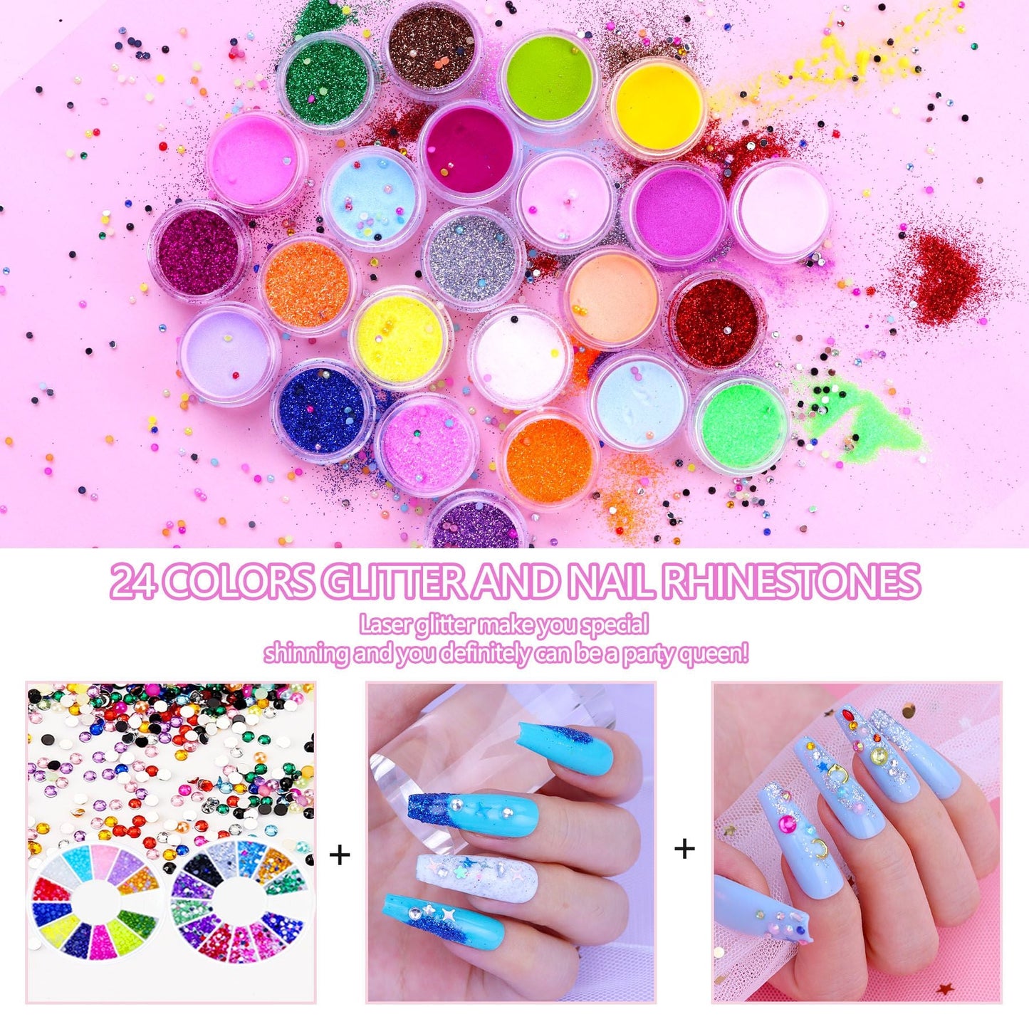 Acrylic Nail Kit, Nail Kit for Beginners with Everything, 24 Colors Glitter Acrylic Powder and Liquid Monomer Set, 200 Pcs Nail Tips, 3 Pcs Acrylic Nail Brush for Home DIY Extension Nail Salon