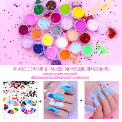 Acrylic Nail Kit, Nail Kit for Beginners with Everything, 24 Colors Glitter Acrylic Powder and Liquid Monomer Set, 200 Pcs Nail Tips, 3 Pcs Acrylic Nail Brush for Home DIY Extension Nail Salon