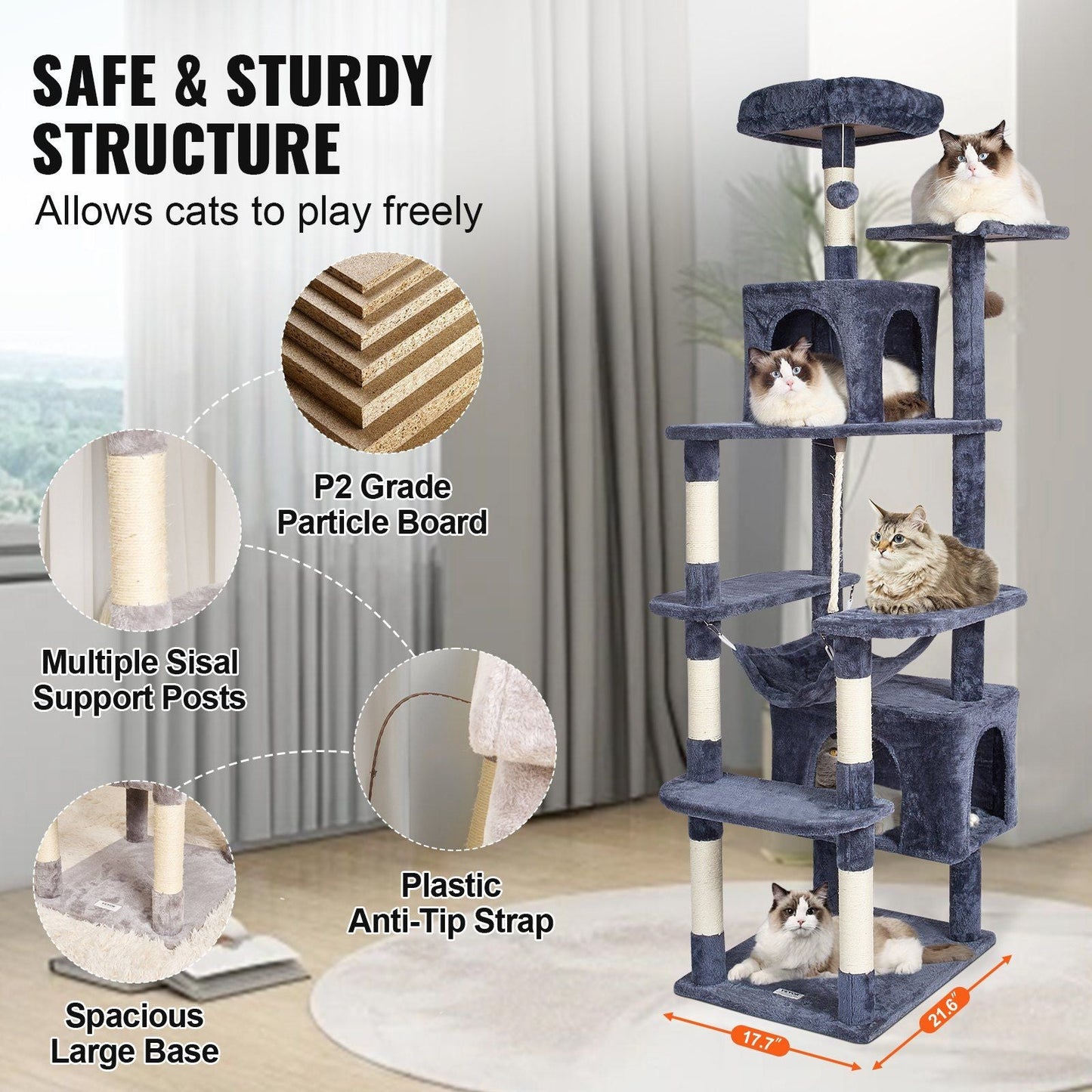 Cat Tree 72" Cat Tower with 2 Cat Condos Sisal Scratching Post Dark Grey