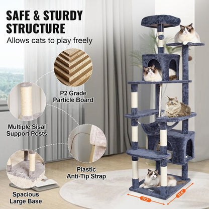 Cat Tree 72" Cat Tower with 2 Cat Condos Sisal Scratching Post Dark Grey