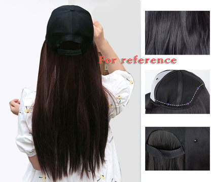Hat Hair Extension Baseball Cap With Black Long Straight Synthetic Hair Attached Adjustable Wig Cap