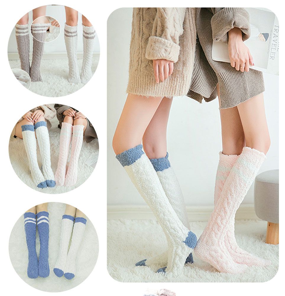 3 Pairs Stripes Knee High Soft Fuzzy Sock for Womens Indoor Outdoor Warm