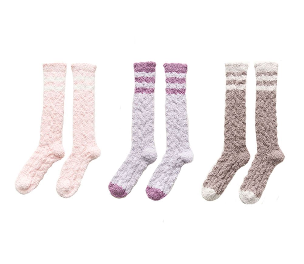 3 Pairs Stripes Knee High Soft Fuzzy Sock for Womens Indoor Outdoor Warm