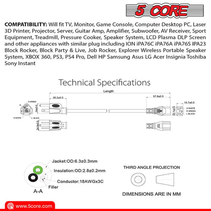 12ft 3 Prong Non-Polarized AC Wall Power Cable Cord for HP Dell Samsung Sony Asus Acer Toshiba Laptop Charger LED LCD Monitor Replacement Power Cord PL 1002