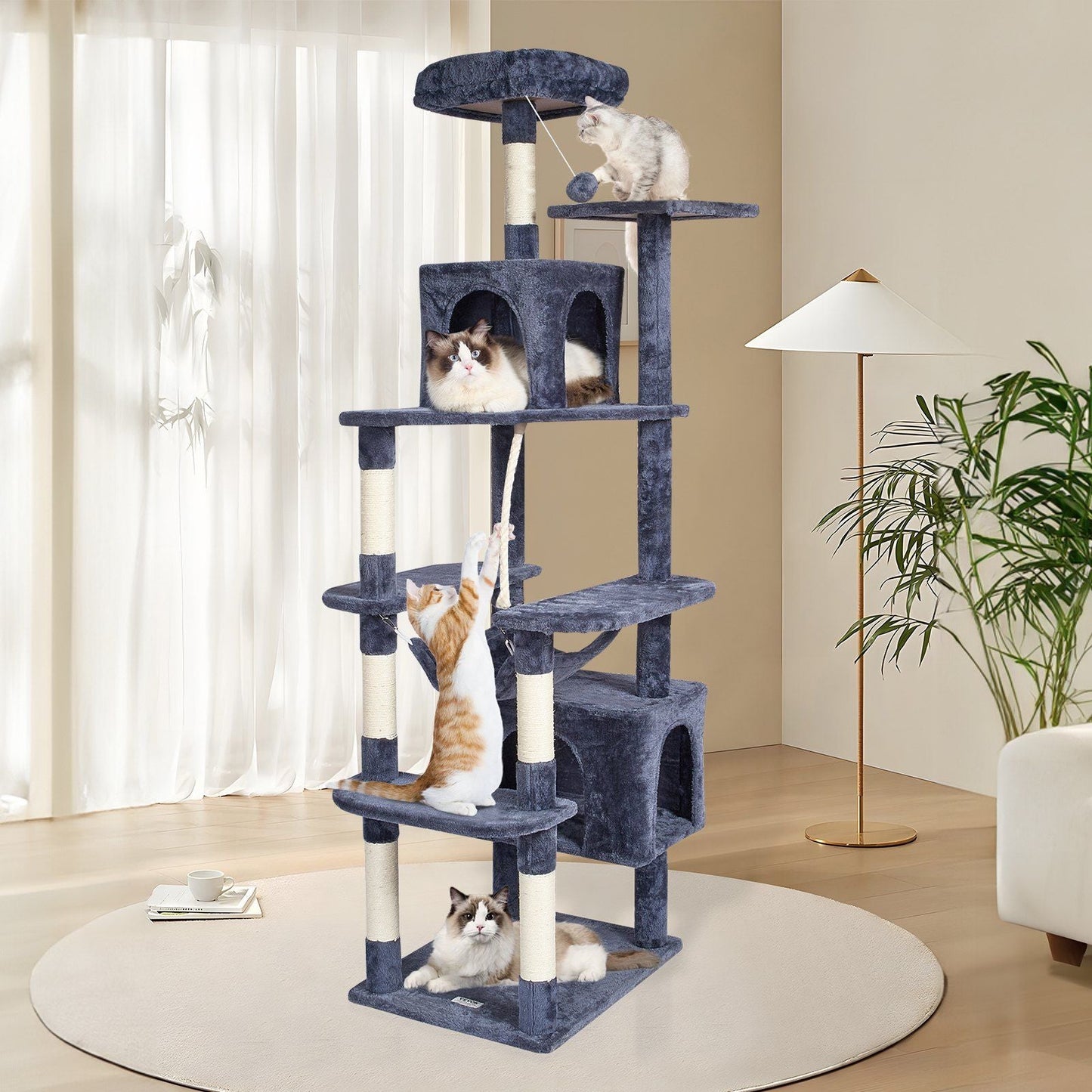 Cat Tree 72" Cat Tower with 2 Cat Condos Sisal Scratching Post Dark Grey