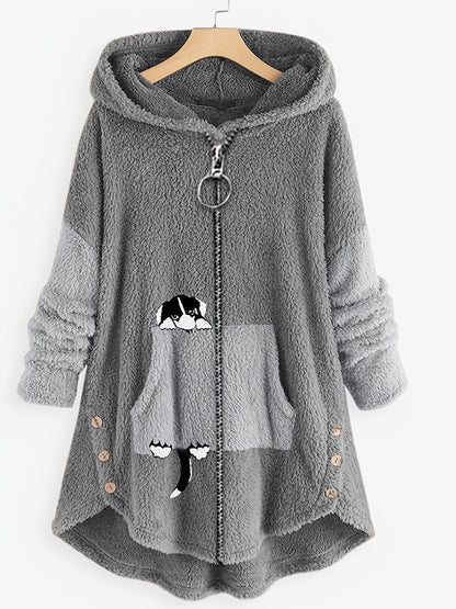 Plus Size Cartoon Puppy Print Colorblock Zip Up Hoodie Fuzzy Coat; Women's Plus Slight Stretch Casual Coat