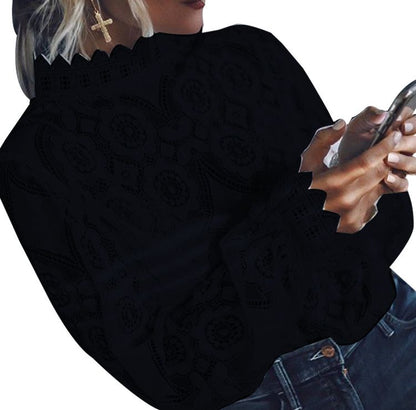 Women's Spring Sexy Perspective Long Sleeve Stand Collar Lace Shirt Top Women's Wear