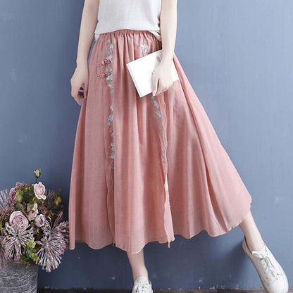 Chinese Style Embroidered Midi Skirt Two-layer Slit Vintage Long Skirt Casual Cotton Linen A-line Skirt, Pink