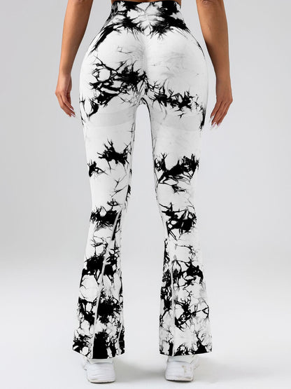High-Waist Tummy Control Flare Yoga Pants For Women, Tie-Dye Stretch Slimming Bootcut Workout Pants, Fitness & Sports Activewear