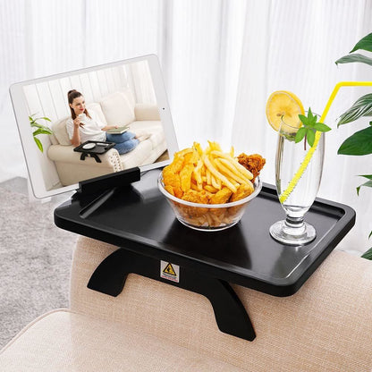 Bamboo Sofa Clip on Side Table for Wide Couches Arm, Foldable Couch Tray with 360° Rotating Phone Holder, Armrest Table for Eating/Drinks/Snacks/Remote/Control