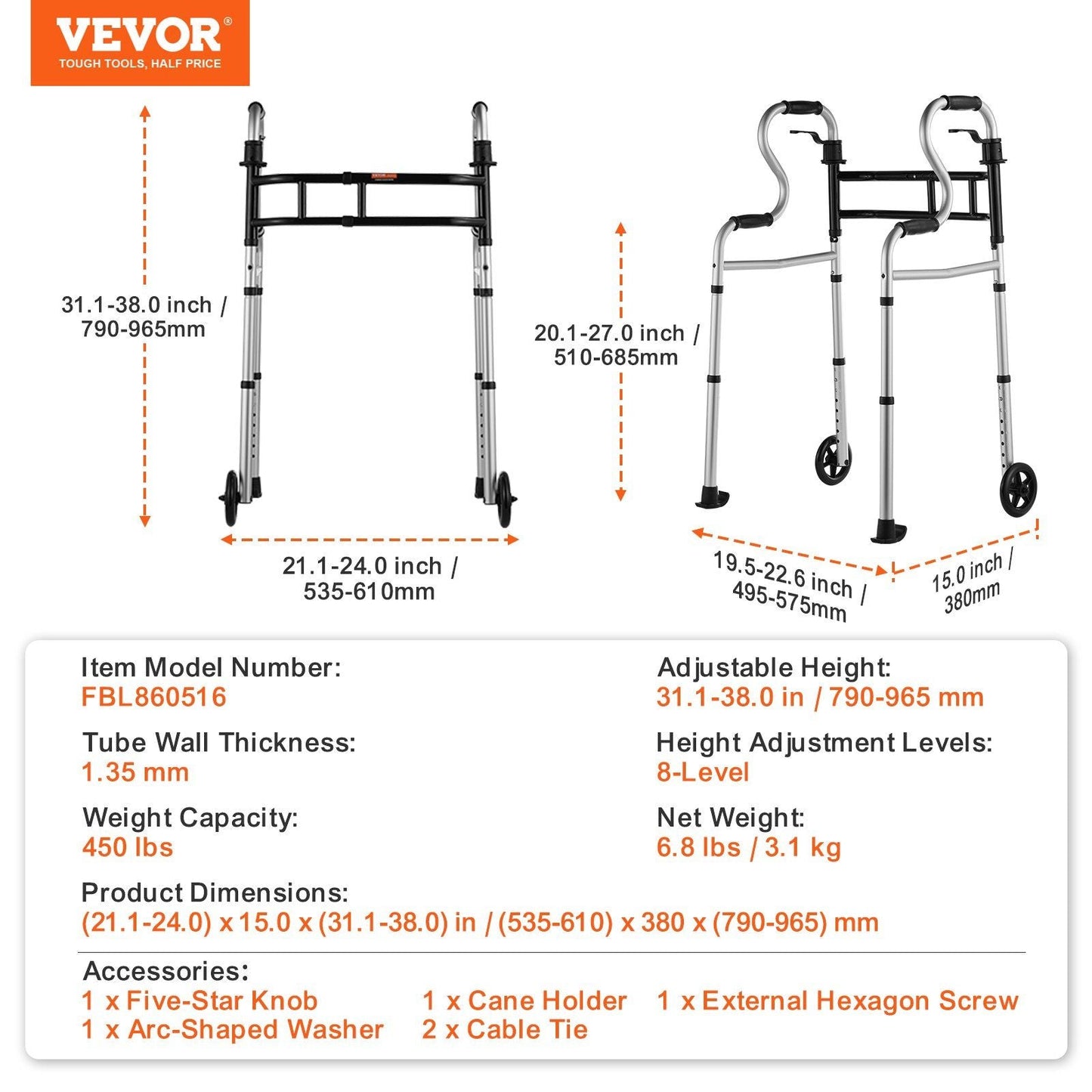 VEVOR Folding Walker Stand-Assist Folding Walkers with Adjustable Height & Width