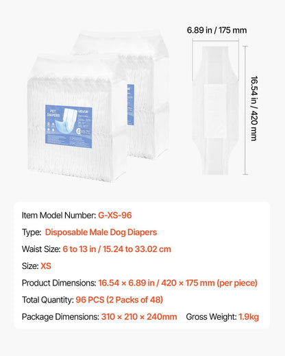 Disposable Male Dog Diapers Super Absorbent Male Dog Wrap XS Size 96 Count