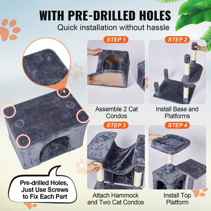 Cat Tree 72" Cat Tower with 2 Cat Condos Sisal Scratching Post Dark Grey