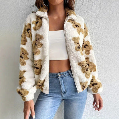 Bear Printed Furry Fleece-lined Warm And Loose Coat
