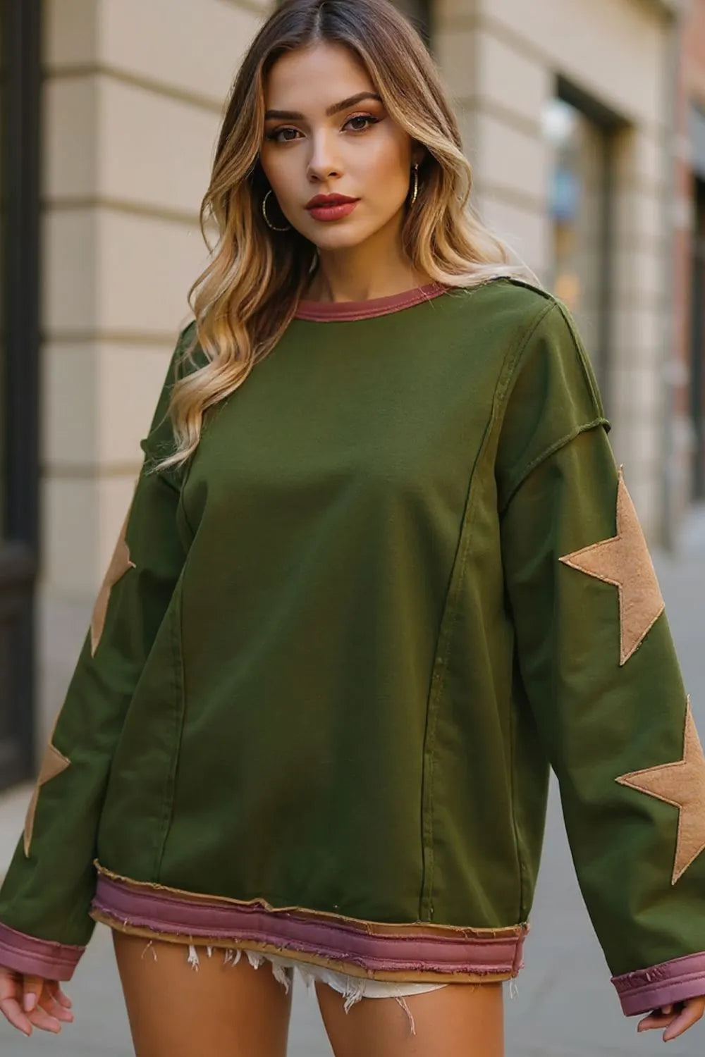 Double Take Star Patched Long Sleeve Sweatshirt