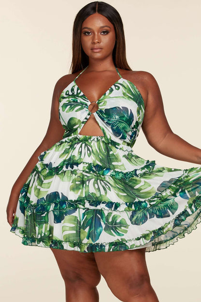 Fasheabe Leaf Print O-ring Mini Dress - Plus Size