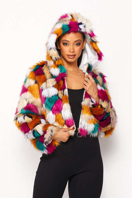 Fasheabe Multicolor Faux Fur Hooded Jacket With Front Zipper