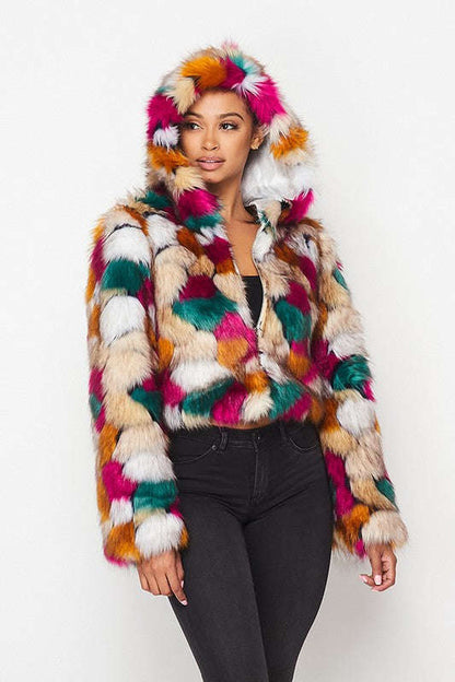 Fasheabe Multicolor Faux Fur Hooded Jacket With Front Zipper
