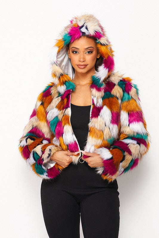 Fasheabe Multicolor Faux Fur Hooded Jacket With Front Zipper