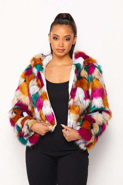 Fasheabe Multicolor Faux Fur Hooded Jacket With Front Zipper
