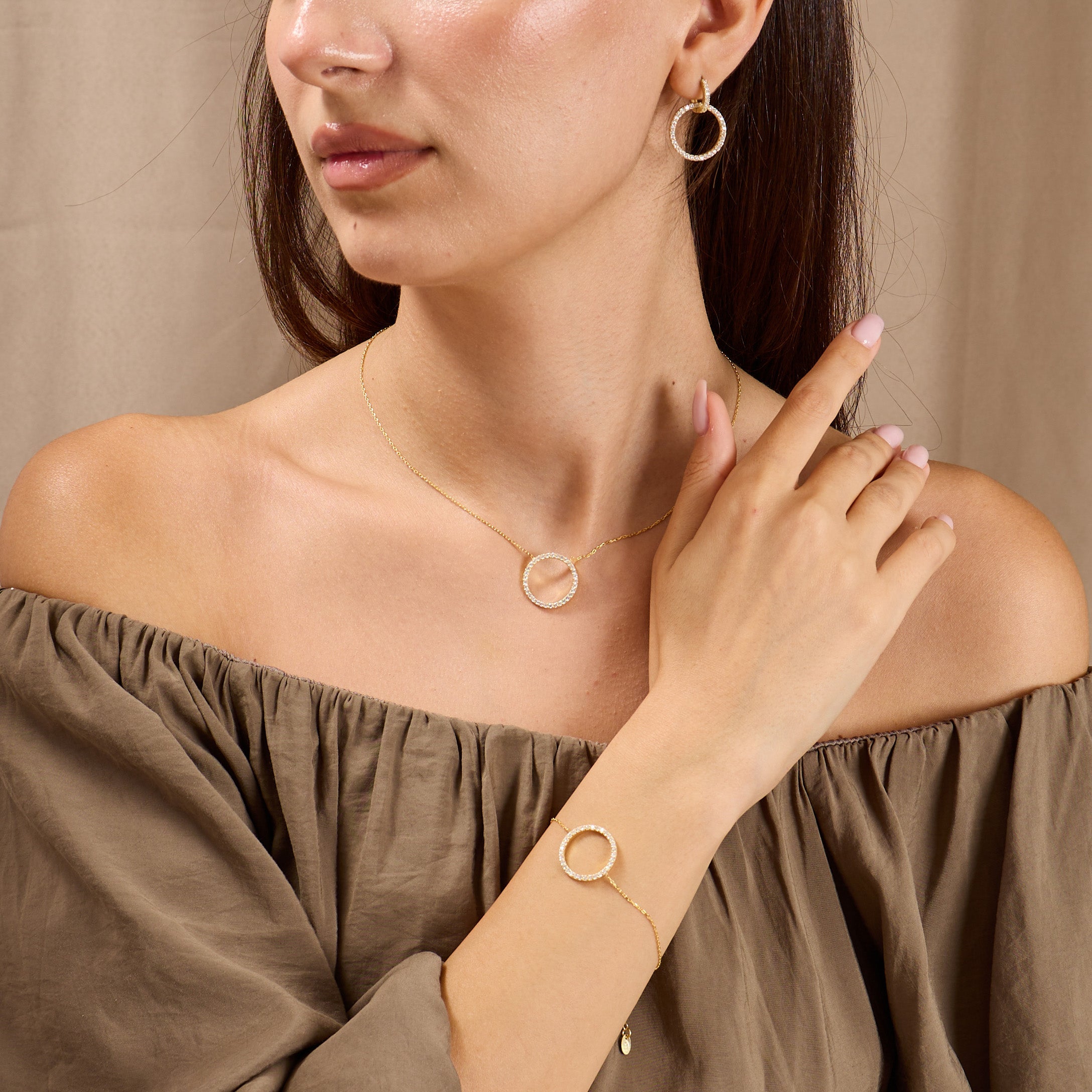 Dainty Sterling Silver Circle Jewelry Set: CZ Necklace, Bracelet & Earrings