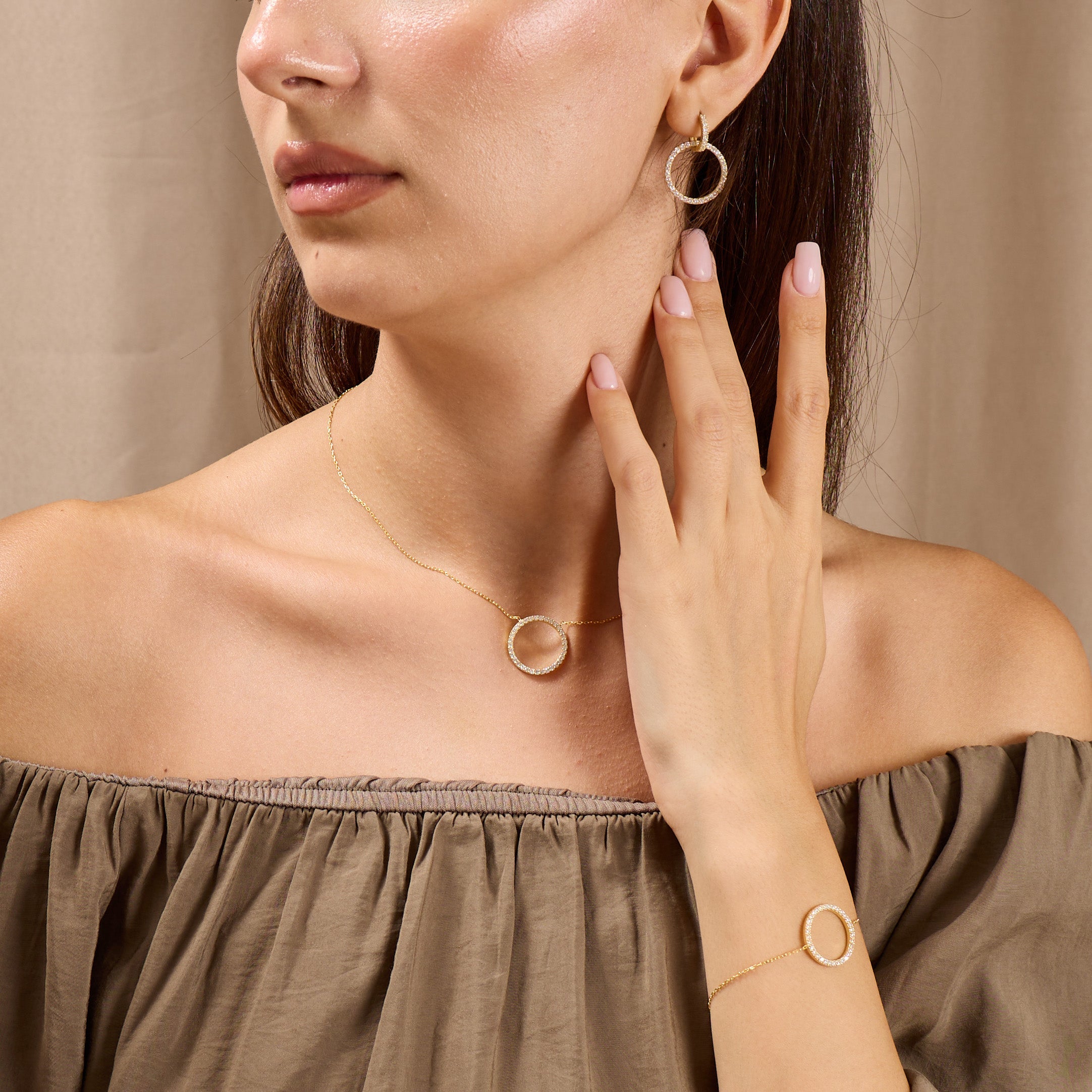 Dainty Sterling Silver Circle Jewelry Set: CZ Necklace, Bracelet & Earrings