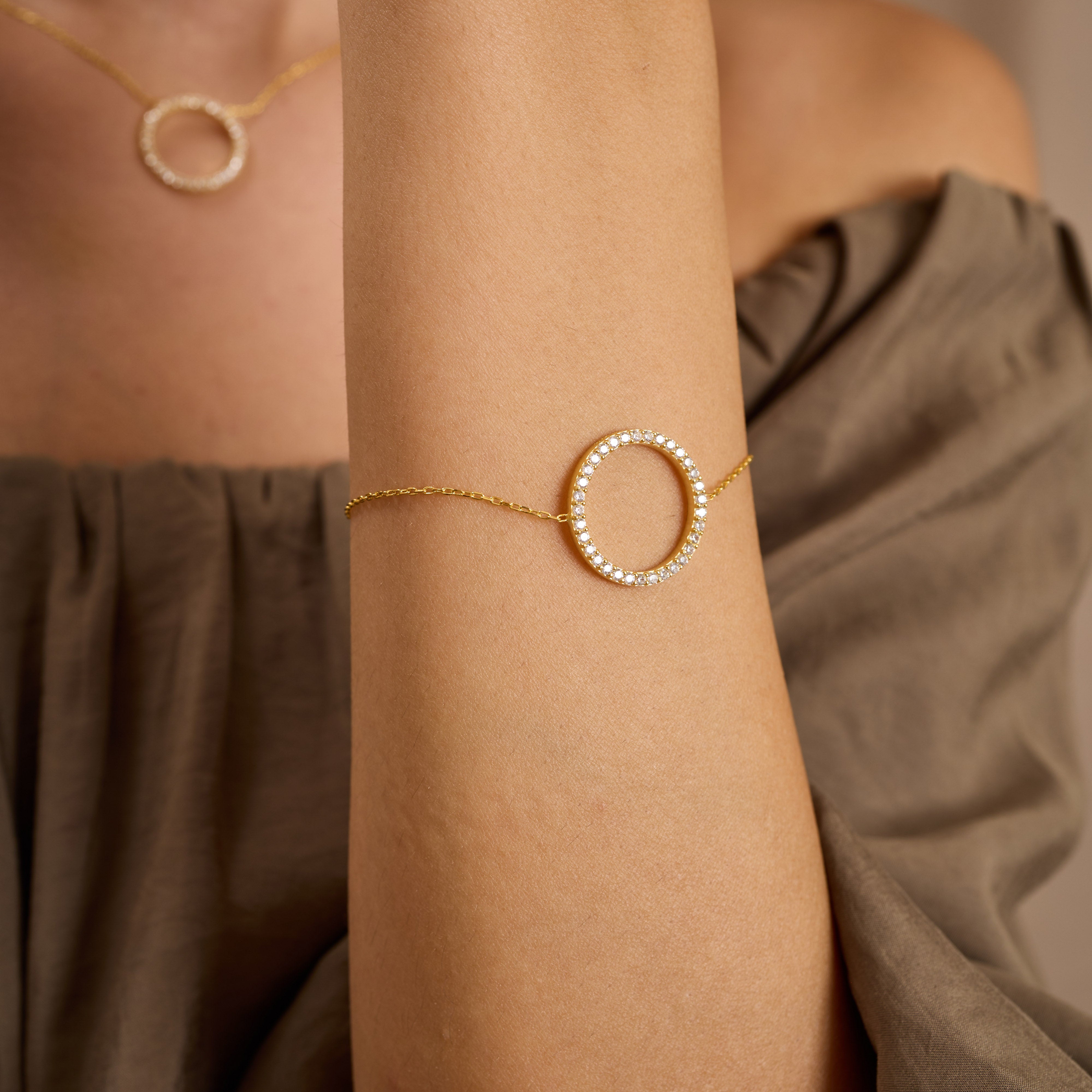 Dainty Sterling Silver Circle Jewelry Set: CZ Necklace, Bracelet & Earrings