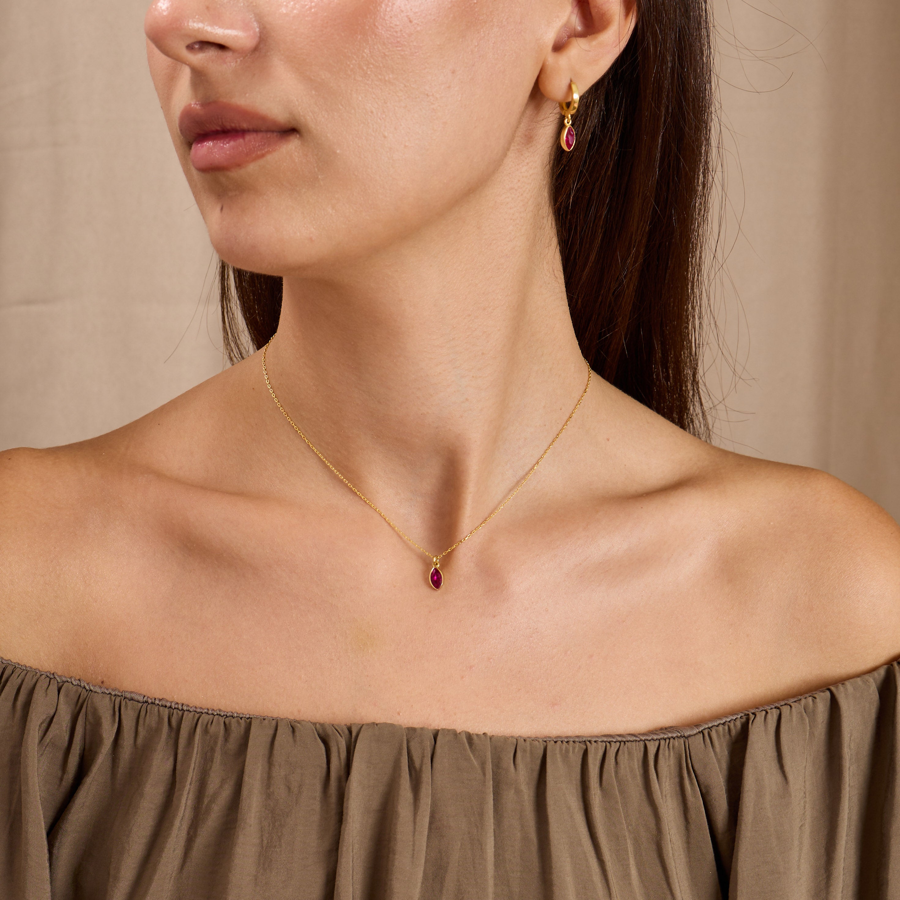 Dainty Marquise Ruby Red Zircon Jewelry Set Sterling Silver Gold Filled Necklace & Earrings