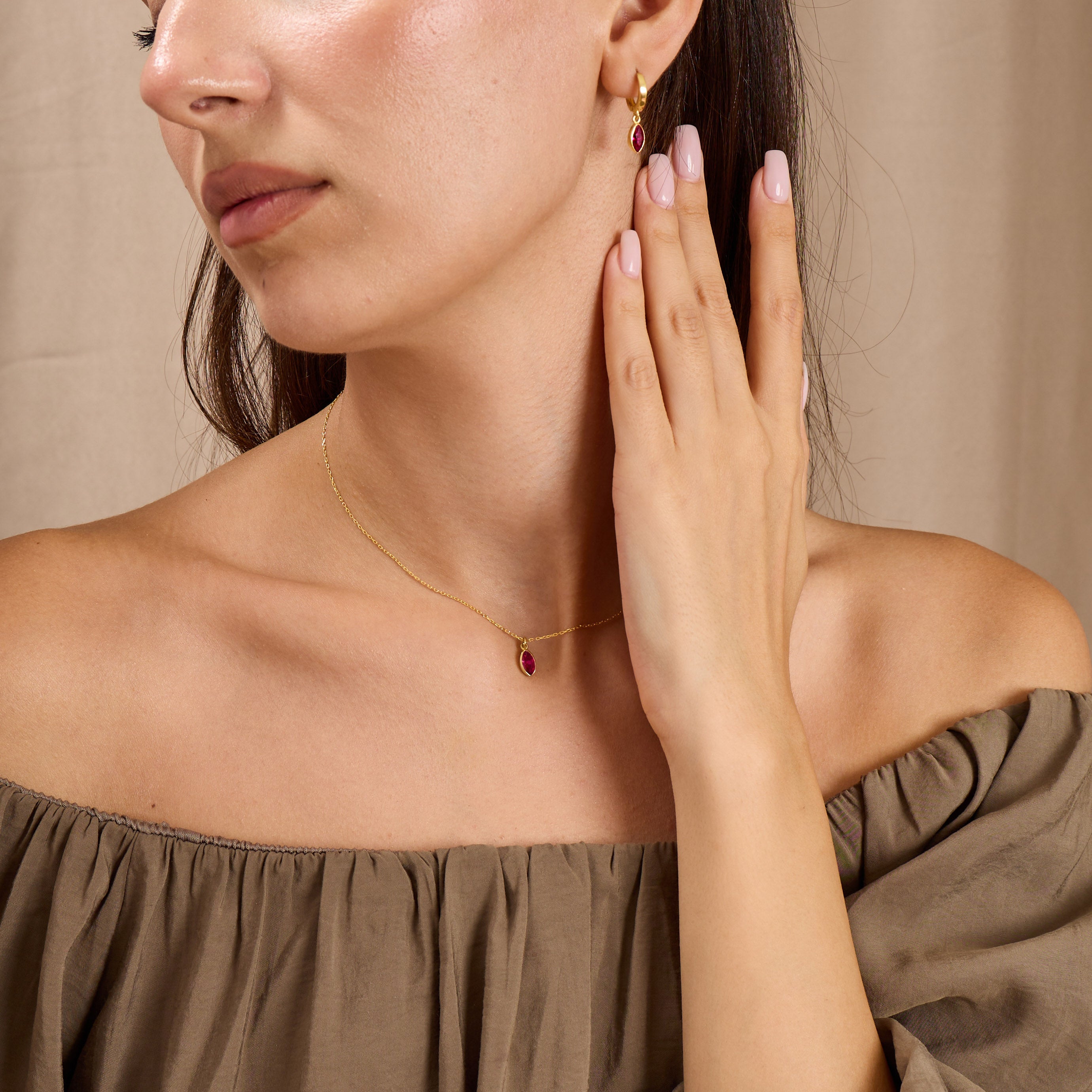 Dainty Marquise Ruby Red Zircon Jewelry Set Sterling Silver Gold Filled Necklace & Earrings