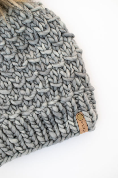Gray Merino Wool Knit Hat with Faux Fur Pom Pom