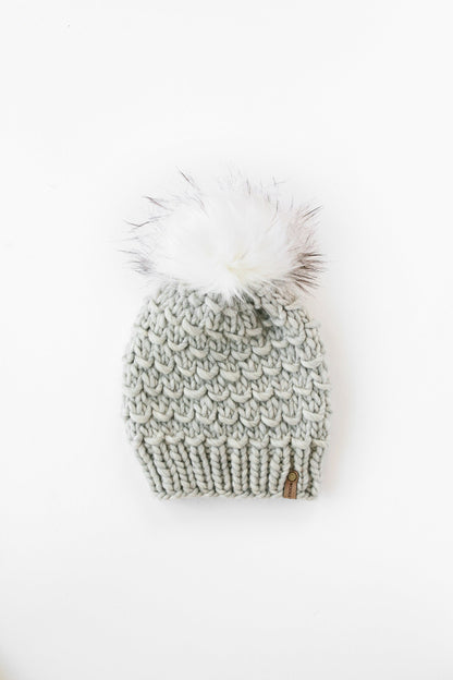 Light Gray Peruvian Wool Knit Hat with Faux Fur Pom Pom