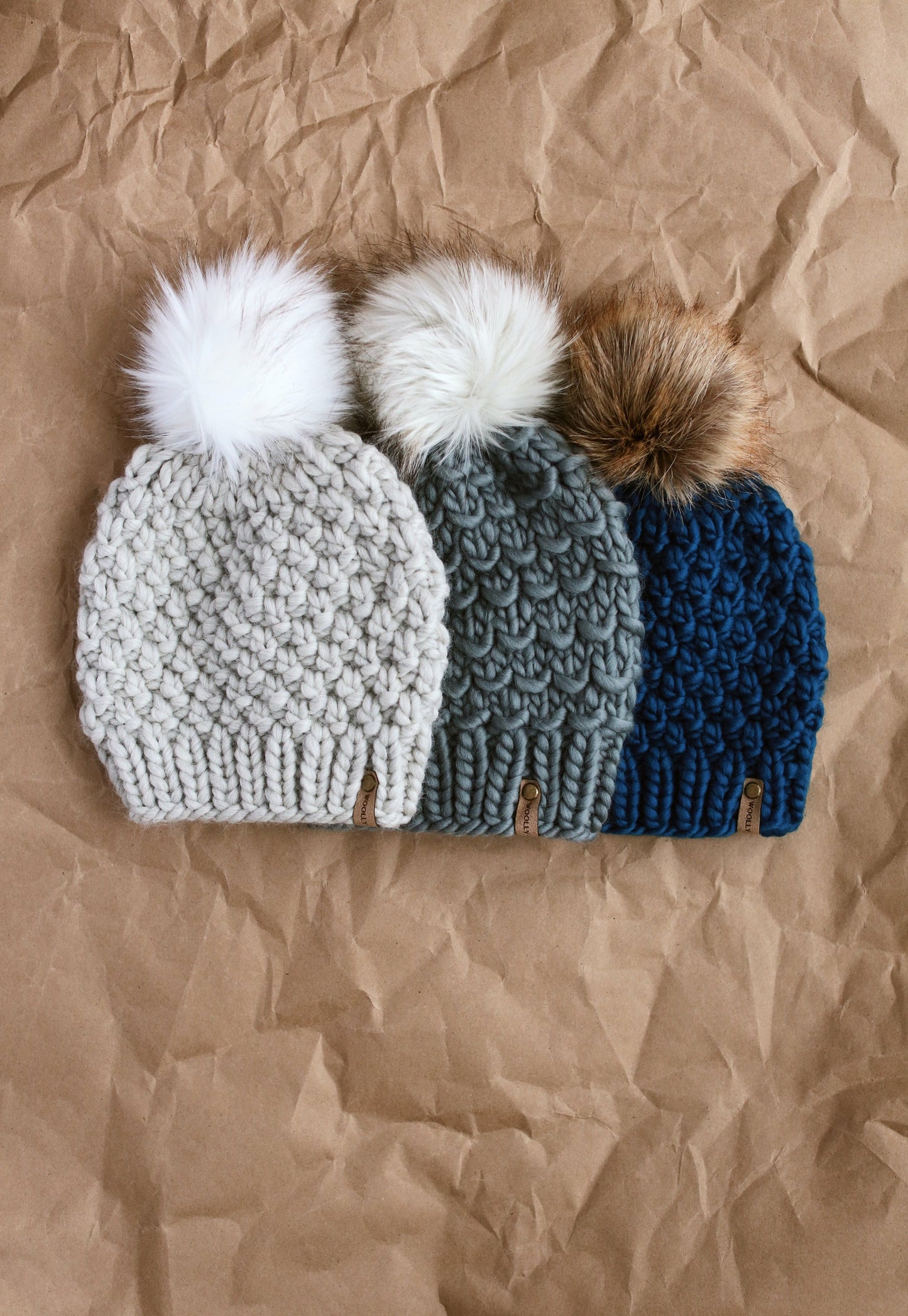 Light Gray Peruvian Wool Knit Hat with Faux Fur Pom Pom