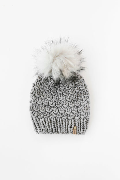 Gray Merino Wool Knit Hat with Faux Fur Pom Pom