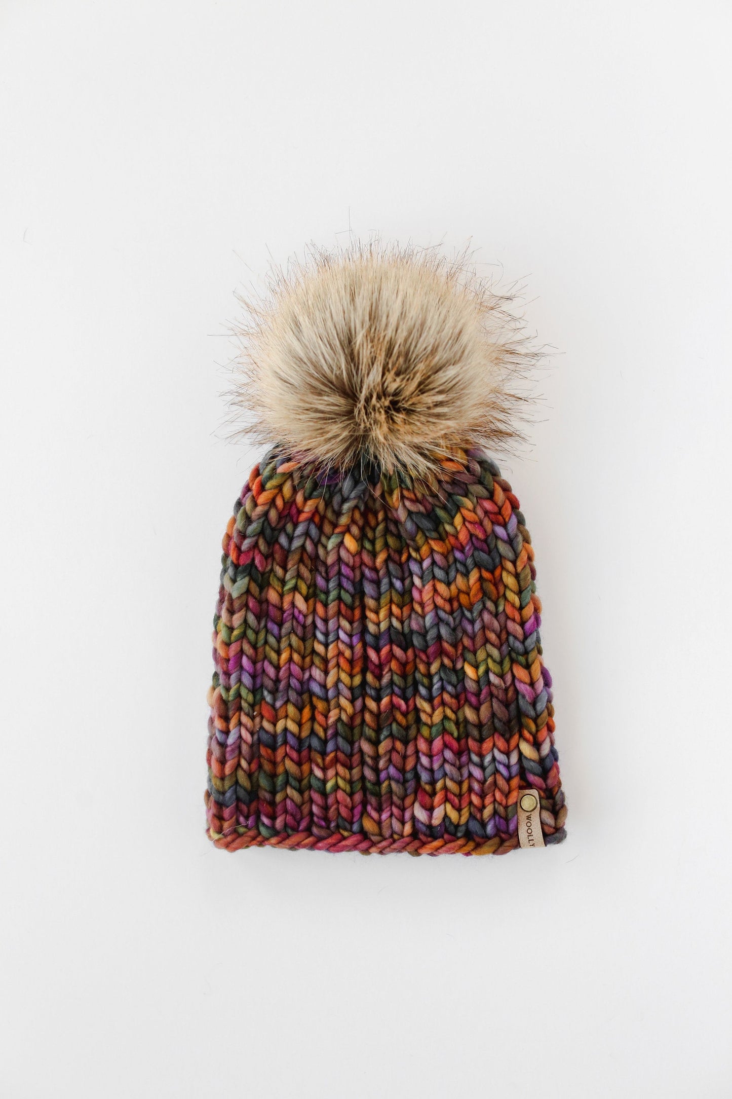 Brown Multi-Color Merino Wool Ribbed Knit Hat with Faux Fur Pom Pom