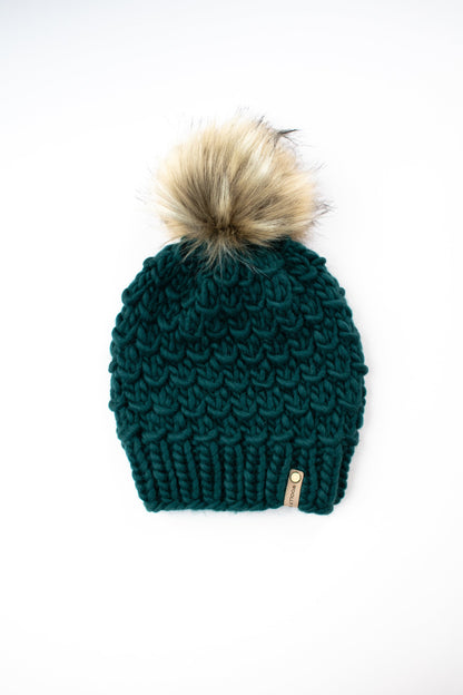 Forest Green Peruvian Wool Knit Hat with Faux Fur Pom Pom