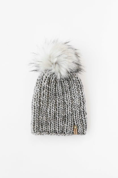 Gray Merino Wool Ribbed Knit Hat with Faux Fur Pom Pom